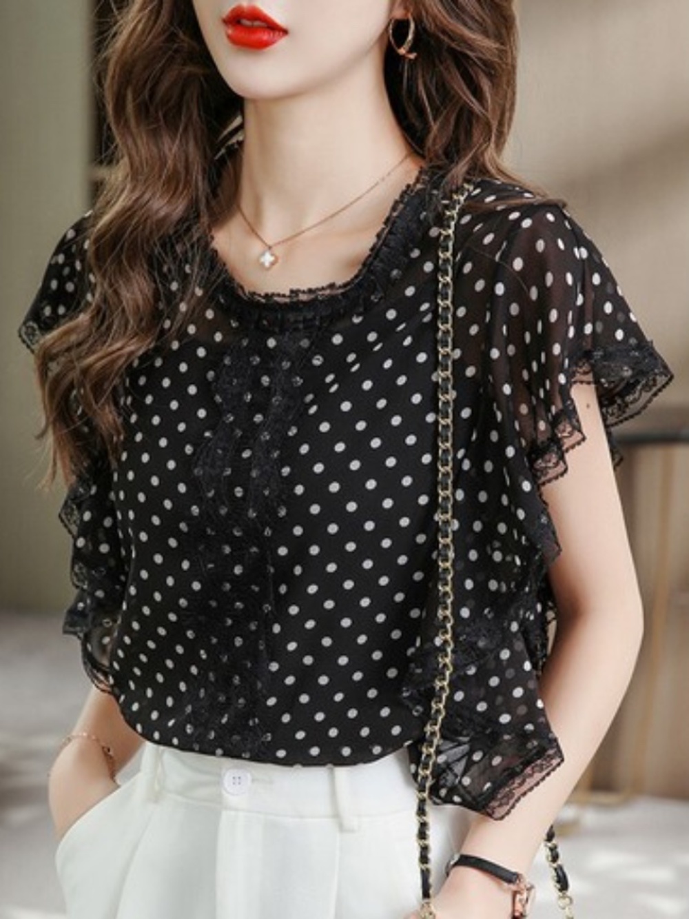 Women's Summer Ruffle Sleeve Polka Dot Fashion Elegant Chiffon Shirt Blouse Tops